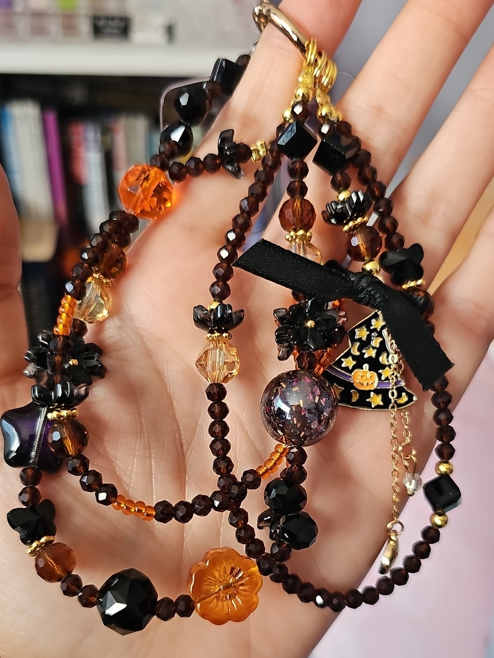 Halloween-Inspired Black and Orange Beaded Phone Charm